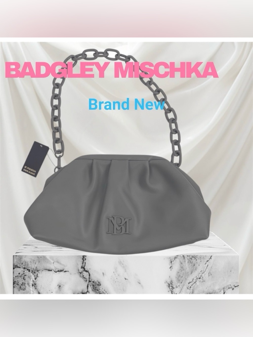 NWT Chic Grayish Taupe Wrapped Frame Clutch Bag Chain strap by BADGLEY MISCHKA